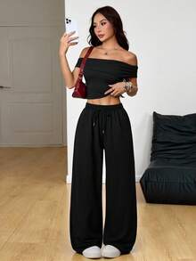 SHEIN PETITE 女士夏季极简主义Y2K街头风休闲基础日常穿搭露肩短款T恤和低腰阔腿运动裤两件套 - 黑色 - 查看 8