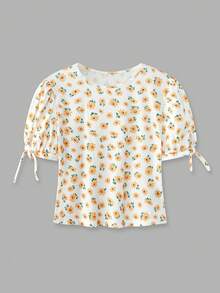 lacRébo Maglietta a maniche corte con stampa floreale, dettaglio con laccio sulla manica, top estivo con stampa ditsy, adatto per vacanze e picnic, nuova collezione abbigliamento estivo da donna - Multicolore - Visualizzare 6