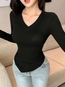 DAZY 女士不对称设计修身长袖T恤，黑色，夏季 - 黑色 - 查看 5