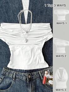 SHEIN Teen Girl Versatile Solid White Fitted Crop Top, Summer Casual Wear, High Neck Off-Shoulder Design, Elegant For Festivals, Countryside, Beach Vacation, Afternoon Tea And Other Occasions, Dignified Style, Suitable As Dancewear Or Cute Top - White - View 1