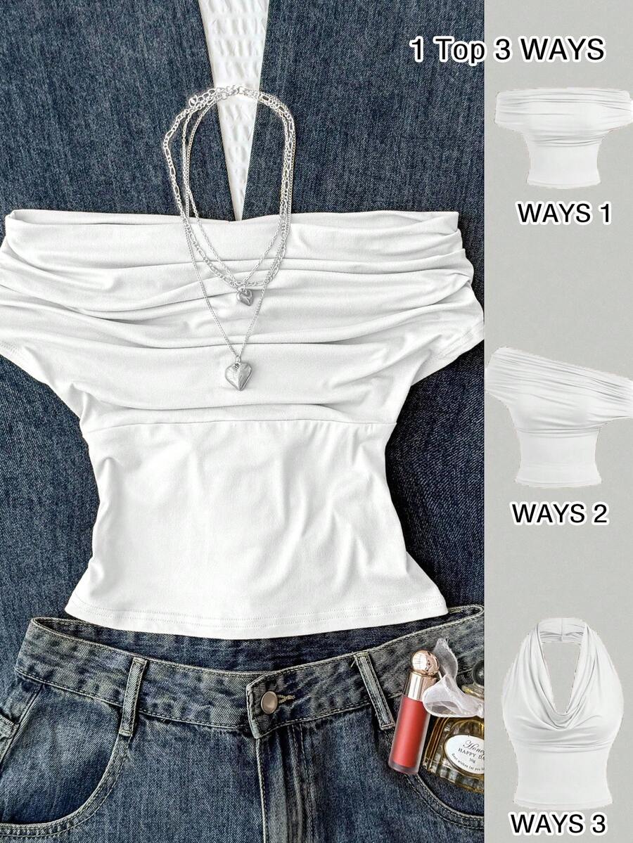 SHEIN Teen Girl Versatile Solid White Fitted Crop Top, Summer Casual Wear, High Neck Off-Shoulder Design, Elegant For Festivals, Countryside, Beach Vacation, Afternoon Tea And Other Occasions, Dignified Style, Suitable As Dancewear Or Cute Top - White - View 1