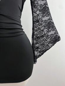 Elamini Women's Contrast Lace Deep V Neck Ruched Sexy Halter Mini Dress - Black - View 7