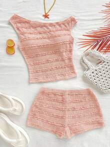 Soleia Bộ 2 món dành cho nữ, thích hợp cho kỳ nghỉ xuân/hè, gồm áo crop top dệt kim nhẹ màu hồng, thiết kế bất đối xứng vai và quần short ôm sát cạp siêu thấp, phù hợp cho các dịp như tiệc tùng, Lễ Tình nhân, hẹn hò, đi biển, du thuyền, lễ hội, lễ Phục sinh. - Màu Hồng baby - Xem 5