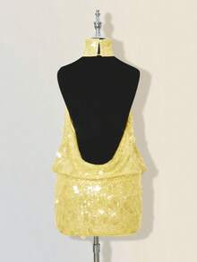 SHEIN ICON 闪亮亮片高领露背褶皱紧身迷你连衣裙 - 淡黃色 - 查看 2