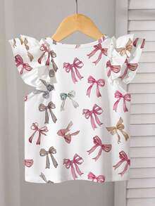 1 pieza Camiseta de manga de vuelo con estampado de lazo para niña joven - Multicolor - Ver 2