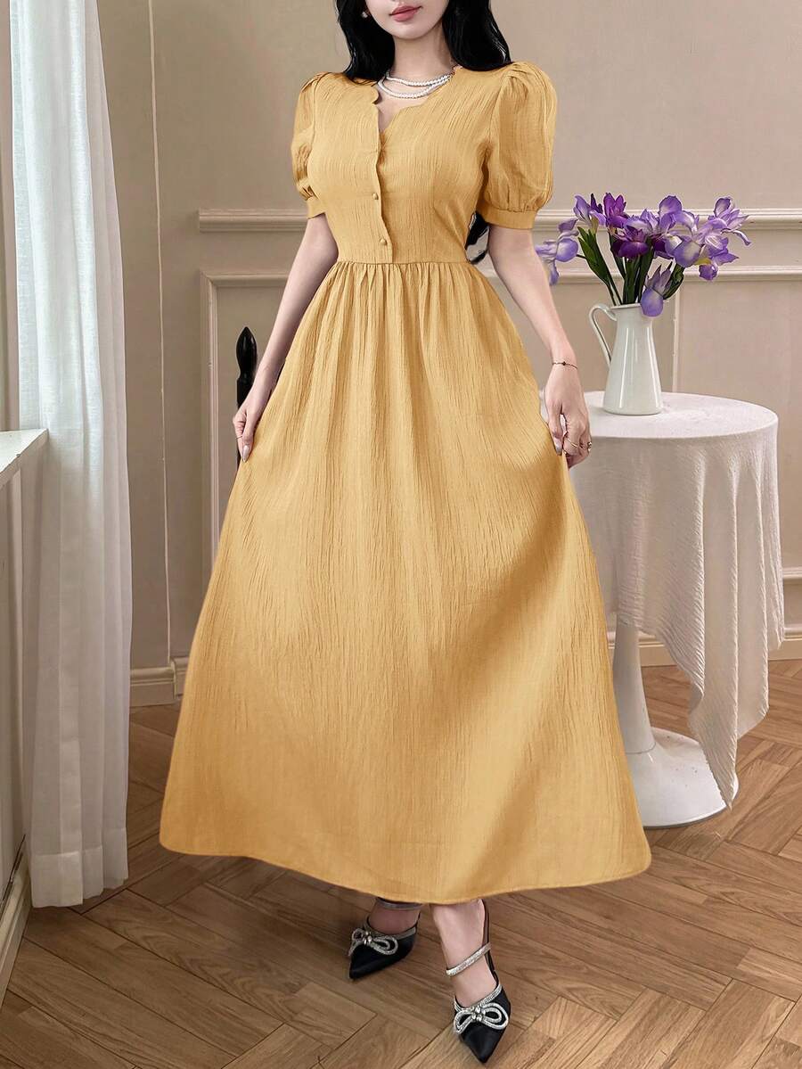 Feyla 女士纯色V领短花瓣袖纽扣半开襟优雅长裙 - 黃色 - 查看 1