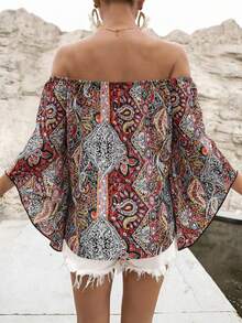 Breezaya Camisa informal para mujer con mangas acampanadas, escote bardot y estampado de flores de paisley - Rojo - Ver 2