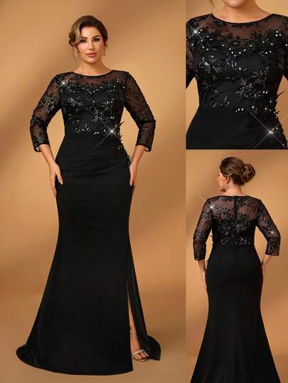 Serin Plus Size Elegant Luxurious Black Round Neck Sheer Mesh Half Sleeve Lace Embroidery  Split Fishtail Dress, Suitable For Wedding, Party, Vacation, Ball, Mother Of The Bride (Heavy Work), Valentine's Day Mother Of The Bride Dress - Chic Modest Lace Dress For Special Day
