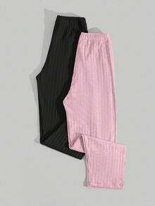 EURMUSE Women 2 Pcs Rib Knit With Fake Drawstring Detail Long Homewear Sleep Bottoms Sets - Multicolor - View 2