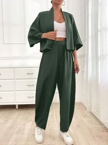 EURMUSE Women's Casual Solid Color Cozy Cardigan Top & Pants Two Piece Set - Army Green - View 5