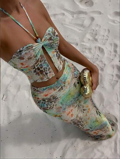 Swim Vcay Sommer Neu Mehrfarbig Tier- und Blume Muster Patchwork Halb-transparente Mesh Überlagerung Geraffter Wickelrock, Romantisches Party Strand Urlaub 3-teiliges Damen Bademode Set