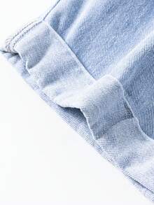 Shorts vaqueros de mezclilla azul claro lavada de estilo casual para niñas preadolescentes, diseño versátil y de moda - Azul - Ver 8