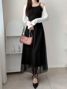 FRIFUL 女士休闲度假风吊带背心和罩衫两件套 - 黑色 - 查看 5