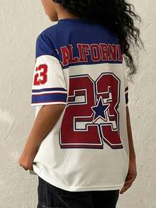 Coolane Kids Tween Girls White Summer Streetwear School Back-To-School Loose Fit V-Neck Short Sleeve Digital Print Baseball Shirt,Baggy Fashionable Cute Jersey - Apricot - View 3