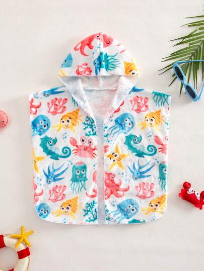 SHEIN 新生儿可爱卡通海洋生物印花连帽罩衫，适合海滩和度假