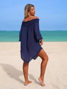 Swim Lushoire Women's Off-Shoulder Lace Ruffle Hem Loose Summer Beach Vacation Dress Cover-Up - Navy Blue - View 3