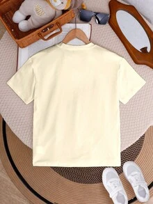 SHEIN 女童休闲时尚舒适简约百搭创意仿亮片蝴蝶结图案短袖T恤，夏季 - 杏色 - 查看 2
