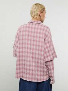 COUREZ 长袖宽松格纹双层衬衫 / Y2K 春季女装 粉色衬衫 外出穿搭 夏季穿搭 春假穿搭 夏季衬衫 - 粉色 - 查看 3