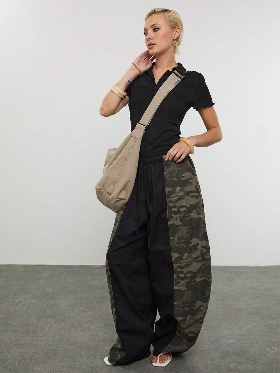 COUREZ Low Rise Baggy Balloon Spliced Camo Trousers /Y2K Spring Clothes For Women Camo Print Spring Break Outfits Going Out Outfits Festival Outfits Summer Outfits - Multicolor - View 1