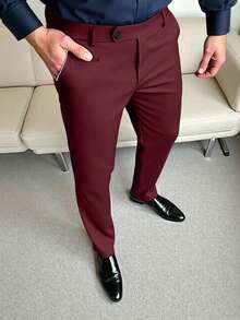 Calvornis 男士商务休闲西装裤，口袋设计，送给男朋友或老公的完美礼物。男士纯色休闲锥形西装裤，男士黑色修身正装裤，独特男士黑色正装裤，男士长裤 - 酒紅色 - 查看 4