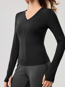 OutZeal 女士运动T恤 黑色瑜伽健身服 速干长袖V领修身上衣 - 黑色 - 查看 9