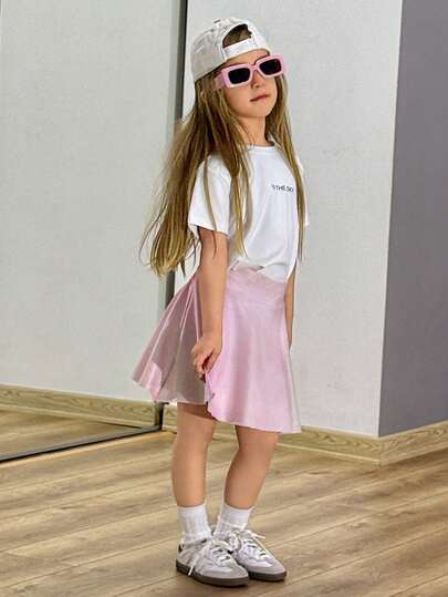 DAZY 女童秋季套装，圆领针织印花短袖T恤和裙子运动套装