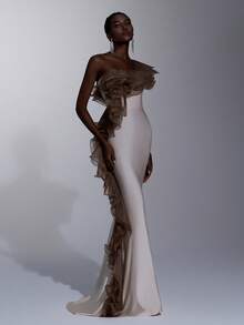 Elitara Vestido elegante de malha com decote assimétrico, modelagem em espinha de peixe e barra com babados em camadas, ideal para festivais, casamentos, galas, concertos, eventos corporativos e outras ocasiões formais. - Multicolorido - Ver 5