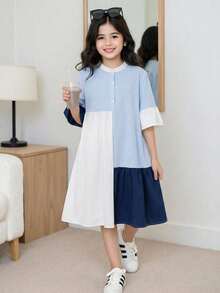 SHEIN 少女款海軍藍配色白色雪紡洋裝，夏季休閒校園返校風，不對稱荷葉領 A 字版短袖襯衫裙 - 彩色 - 查看 3