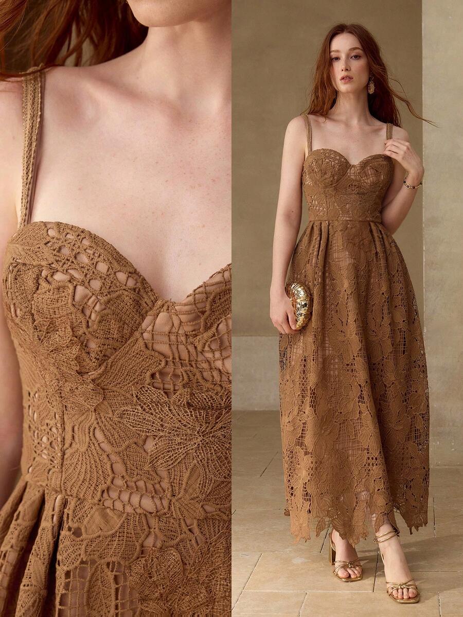 MOTF PREMIUM VESTIDO DE ENCAJE CON PARCHES Y CALADO, PRIMAVERA/VERANO - Camel - Ver 1