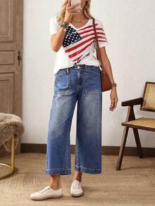 EMERY ROSE Quần jean ống rộng dáng rộng, thiết kế túi, dài 7/8, dáng thường ngày, size lớn dành cho nữ - Màu xanh lam - Xem 8