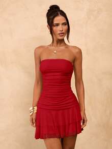 SHEIN BAE Solid Yellow Cream Ruched Fitted Ruffled Hem Mini Dress, Cute Summer Dress, Brunch Dress, Yellow Dress - Red - View 3