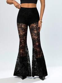 SHEIN Tall Quần ống loe ren xuyên thấu màu đen gợi cảm dành cho nữ, thích hợp cho các buổi tối đi chơi/tiệc rave/club/tiệc độc thân/tiệc theo chủ đề/phong cách thập niên 70/quần đen. - màu đen - Xem 5