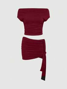 Zyxie 女士性感纯色露脐上衣和迷你裙两件套，夏季 - 酒紅色 - 查看 4