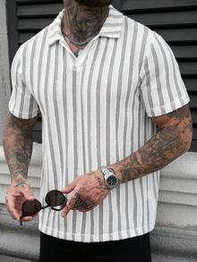 Manfinity Homme Men's Striped Print Short Sleeve Casual Commuter Polo Shirt - Khaki - View 1