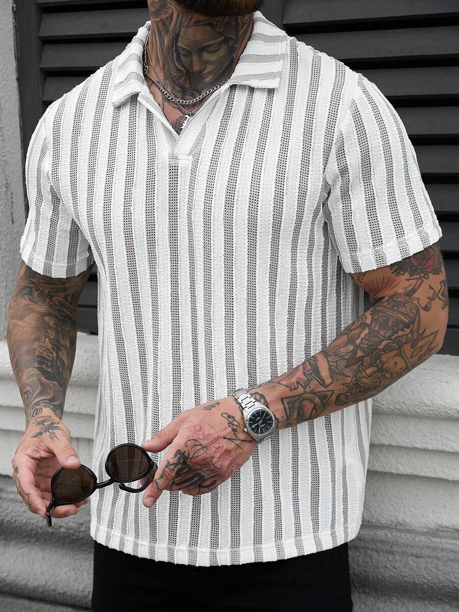 Manfinity Homme Men's Striped Print Short Sleeve Casual Commuter Polo Shirt - Khaki - View 1