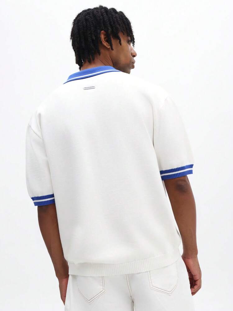 Camisa polo de punto de ajuste regular para hombres con cuello azul contrastante y gráficos con texto, manga corta, casual de verano