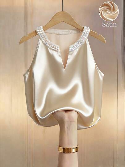 Franclia 优雅V领无袖串珠缎面衬衫，香槟色，百搭春夏款，适合工作、派对和日常穿着。