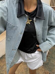 DAZY Casual Loose Women's Denim Jacket With Large Pockets And Collar - Blue - View 3