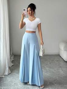 Elenzga Waist Cinched Pleated Wide Leg Pants, Elegant Romantic Minimalist Office Wear Trousers For Women - Baby Blue - View 3