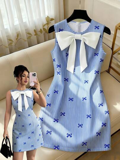 GlowEve Striped Print Bow Contrast Collar Sleeveless A-Line Waist Women Dress