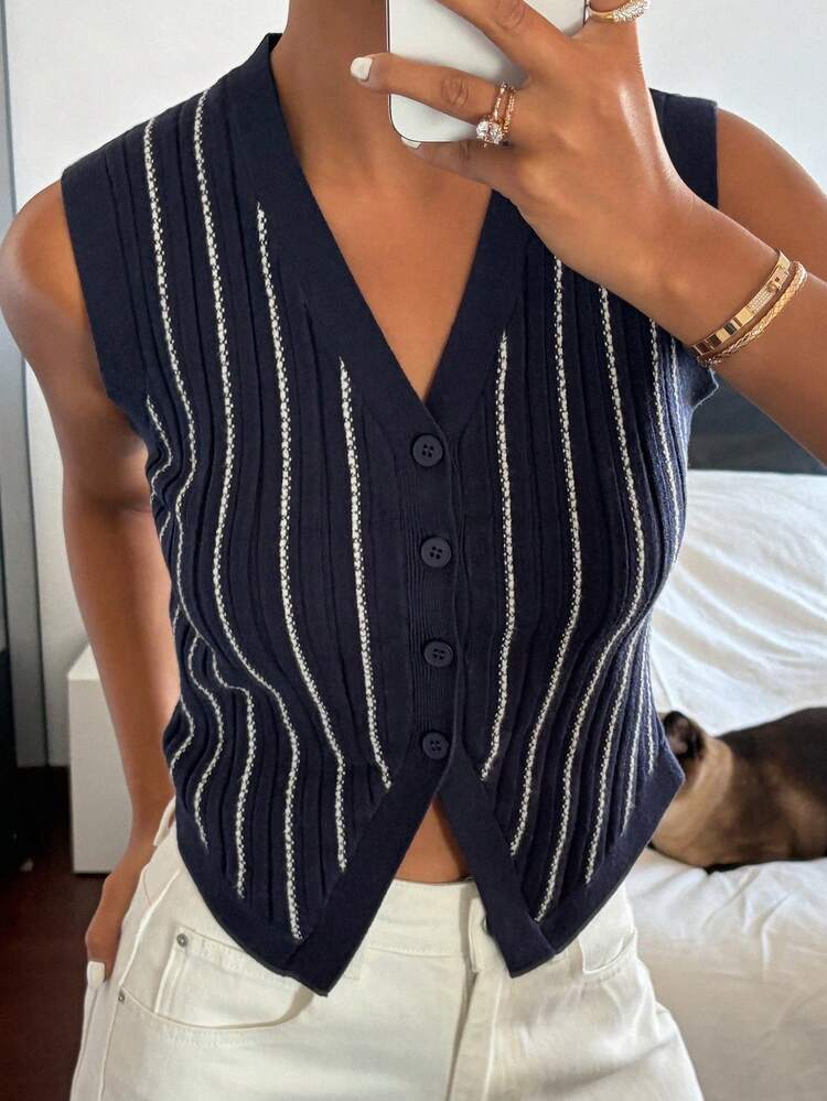 Contrast Stripe V-Neck Sleeveless Casual Vacation Lightweight Knit Vest Top For Women