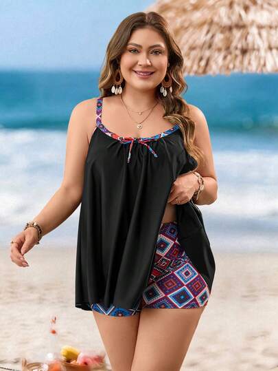 Swim Lushoire Plus Size Women Geometric Print Patchwork Spaghetti Strap Tankini Swimwear Set