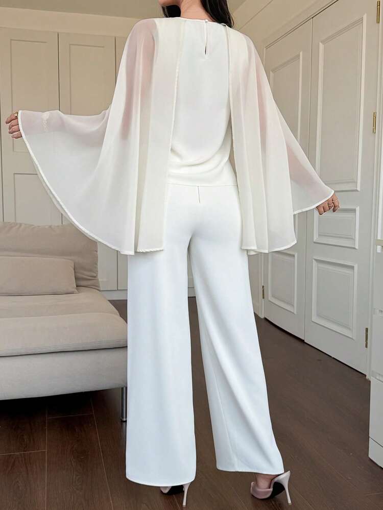 Women's Elegant Commuter Cape Sleeve Top And Pants Two Pieces Set Summer