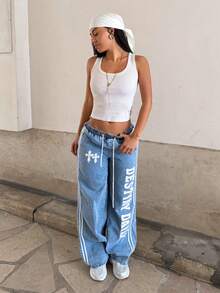 StreetHx Women's Fashionable Casual Sporty Printed Wide Leg Straight Jeans - Light Wash - View 3