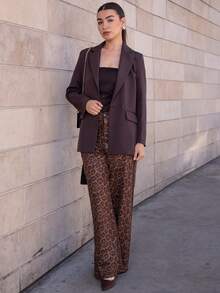 Andrea Bello Women's Business Style Solid Color Double-Breasted Blazer Jacket For Commuting, Autumn  - Coffee Brown - View 1