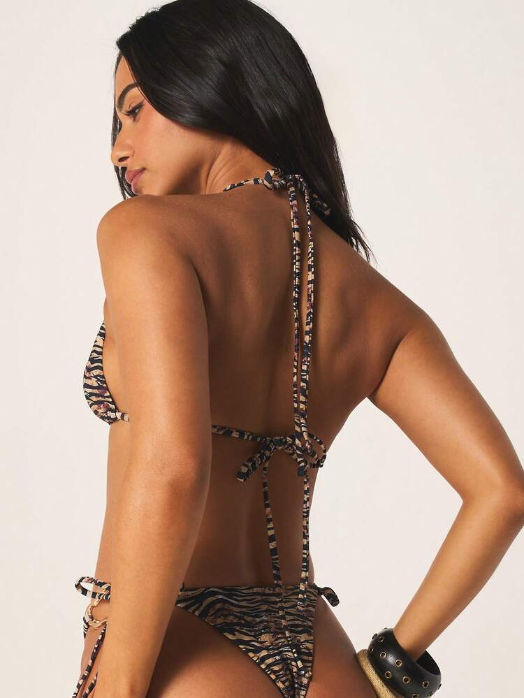 MISSGUIDED Women Tiger Print Bikini Set With Ring Detail Halter Top And Side Tie String Bottom Summer Beachwear