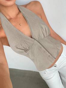 Aloruh Blazer delgado de mujer de un solo pecho con cuello alto de algodón a rayas para otoño/invierno - Albaricoque - Ver 8