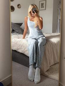 DAZY 2pcs/Set Ditsy Floral Sleeveless Tank Top And Straight Leg Long Pants Pajama Set For Women, Summer - Blue - View 4