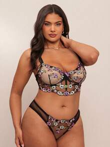 SHEIN BAE 2pcs Plus Size Women Contrast Color Embroidered Sexy Lingerie Set - Black - View 3