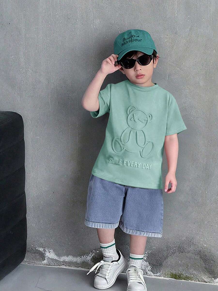 SHEIN Little Byeori 2pcs Kids Boy Casual Versatile Comfortable Round Neck Loose Short Sleeve Knit T-Shirt And Denim Shorts Set,Kids - Mint Green - View 1